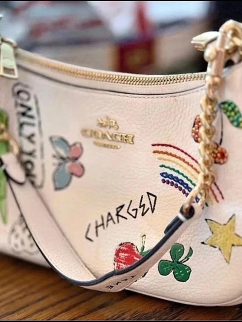 Coach Chain Tabby Shoulder Bag With Sketch Print Pink & White
